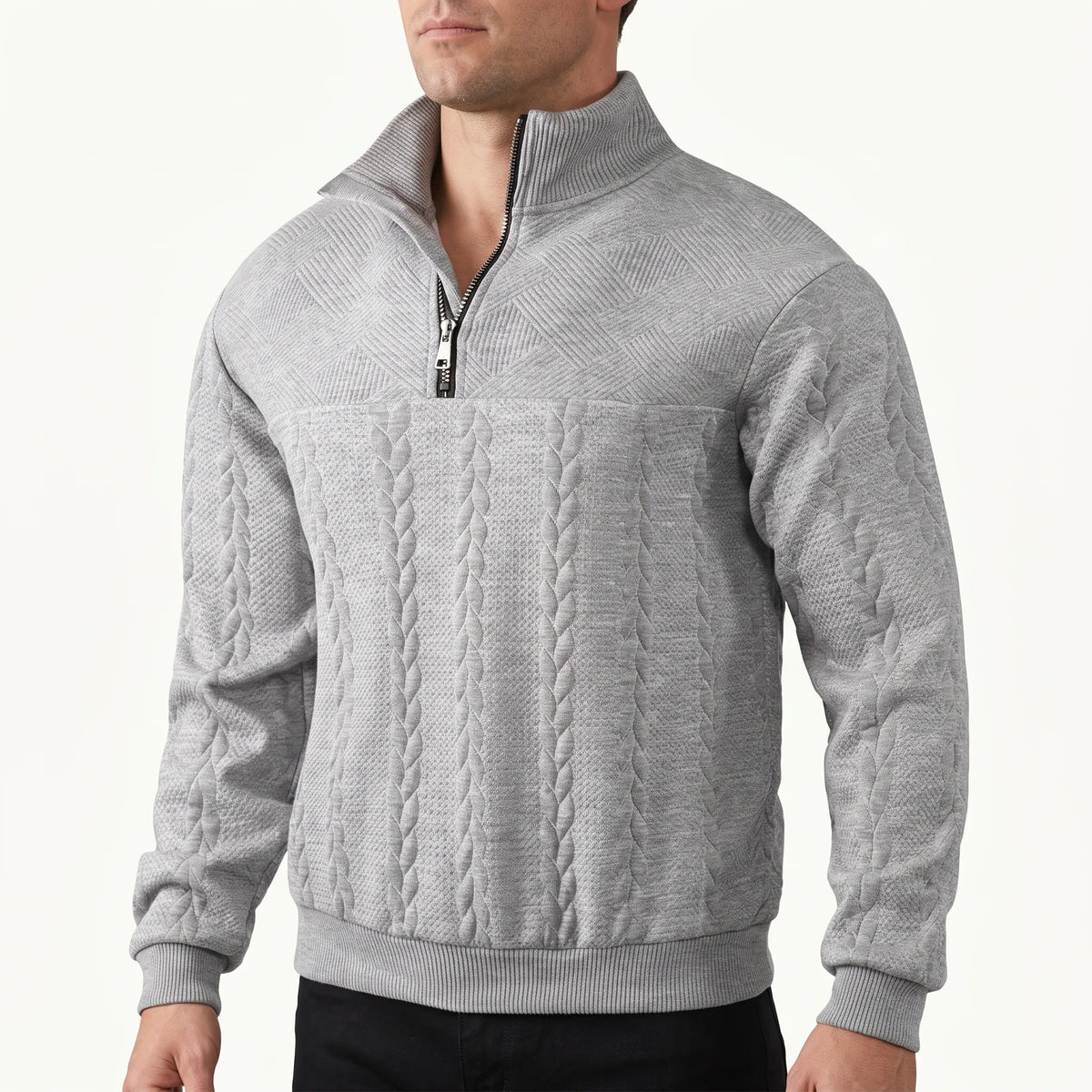 Men's textured quarter-zip sweater with mock neck and ribbed trims