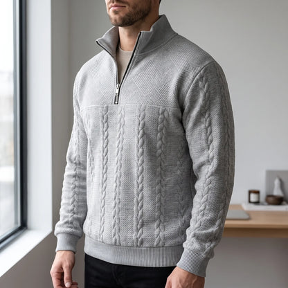 Men's textured quarter-zip sweater with mock neck and ribbed trims
