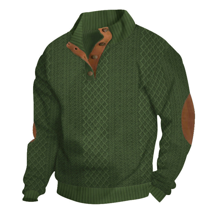 Men's textured knit pullover with mock neck, button placket and elbow patches