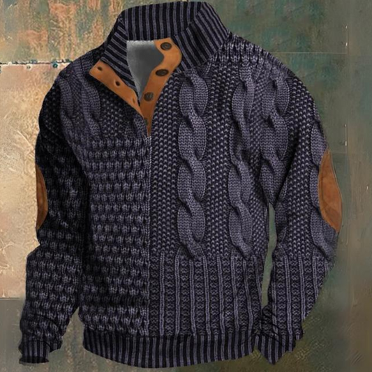 Men's textured cable knit sweater with mock neck, button placket and elbow patches