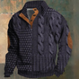 Men's textured cable knit sweater with mock neck, button placket and elbow patches