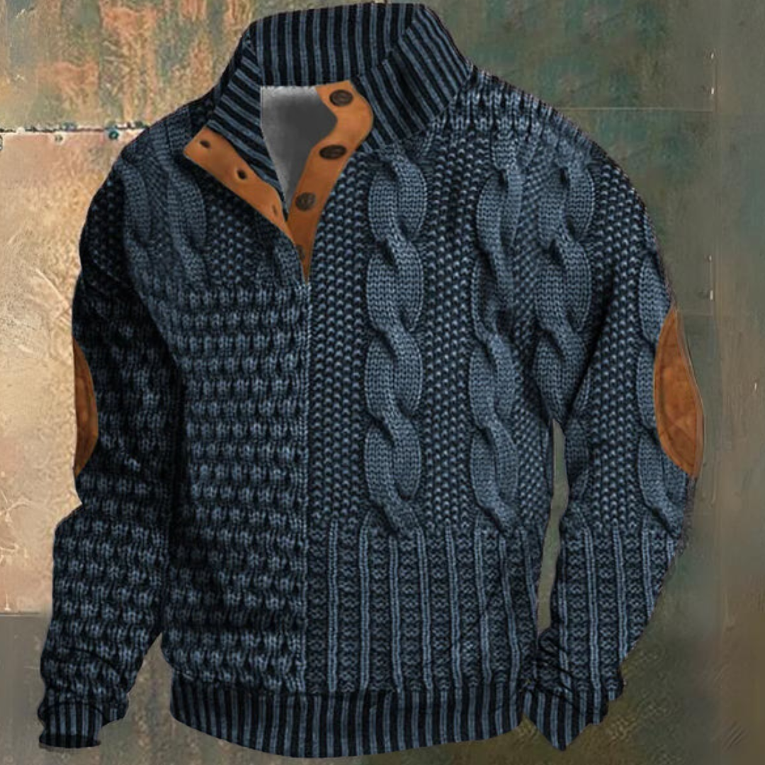 Men's textured cable knit sweater with mock neck, button placket and elbow patches