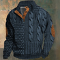 Men's textured cable knit sweater with mock neck, button placket and elbow patches