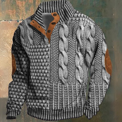 Men's textured cable knit sweater with mock neck, button placket and elbow patches