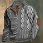 Men's textured cable knit sweater with mock neck, button placket and elbow patches
