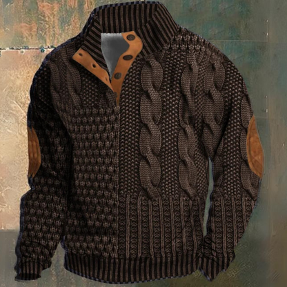 Men's textured cable knit sweater with mock neck, button placket and elbow patches