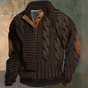 Men's textured cable knit sweater with mock neck, button placket and elbow patches