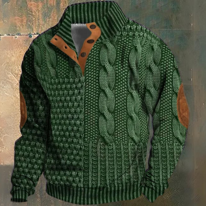 Men's textured cable knit sweater with mock neck, button placket and elbow patches