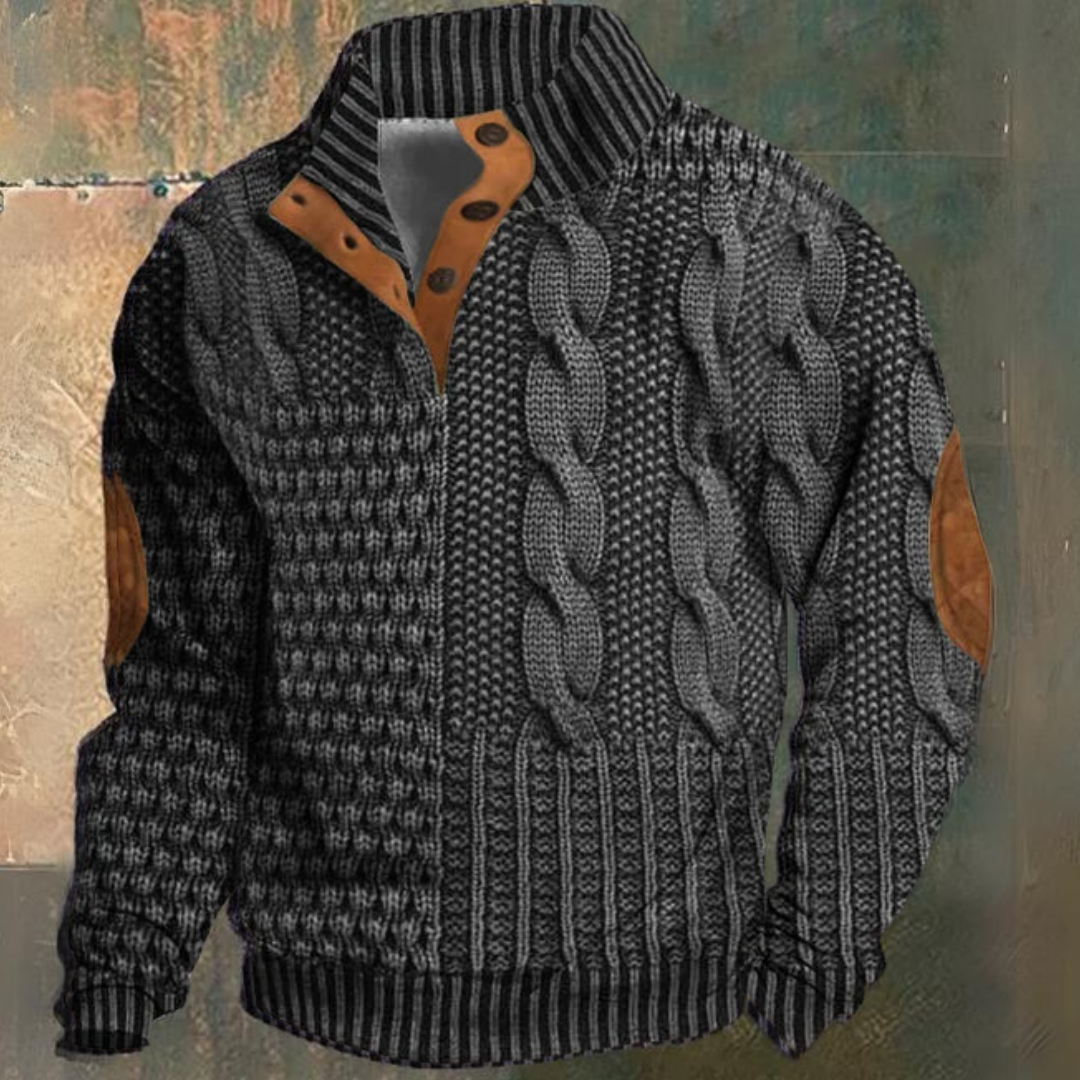 Men's textured cable knit sweater with mock neck, button placket and elbow patches