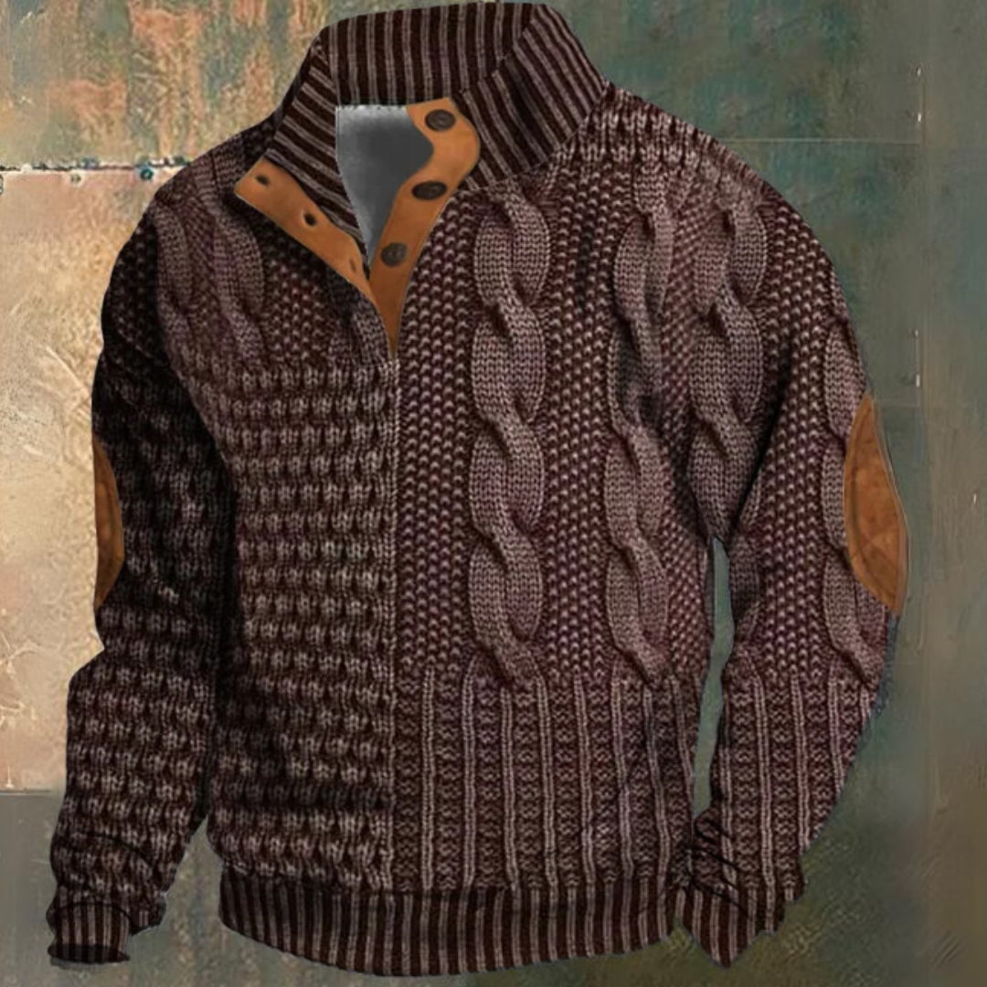 Men's textured cable knit sweater with mock neck, button placket and elbow patches
