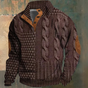 Men's textured cable knit sweater with mock neck, button placket and elbow patches