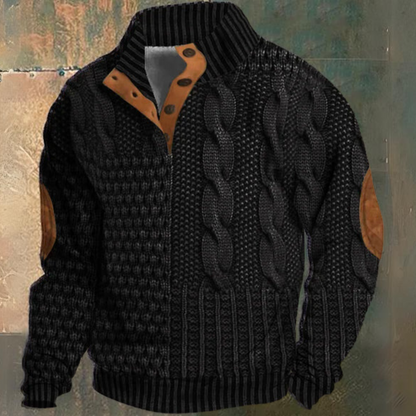 Men's textured cable knit sweater with mock neck, button placket and elbow patches