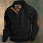 Men's textured cable knit sweater with mock neck, button placket and elbow patches