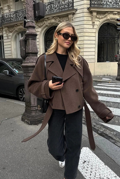 Women's brown cropped double-breasted jacket with lapels and long waist ties