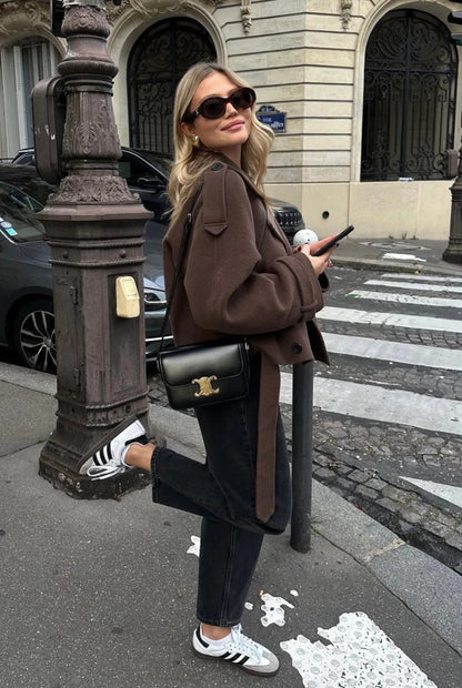 Women's brown cropped double-breasted jacket with lapels and long waist ties