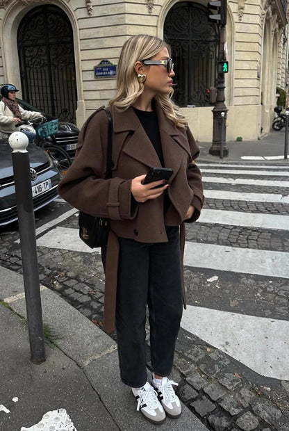 Women's brown cropped double-breasted jacket with lapels and long waist ties