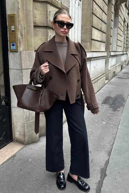 Women's brown cropped double-breasted jacket with lapels and long waist ties