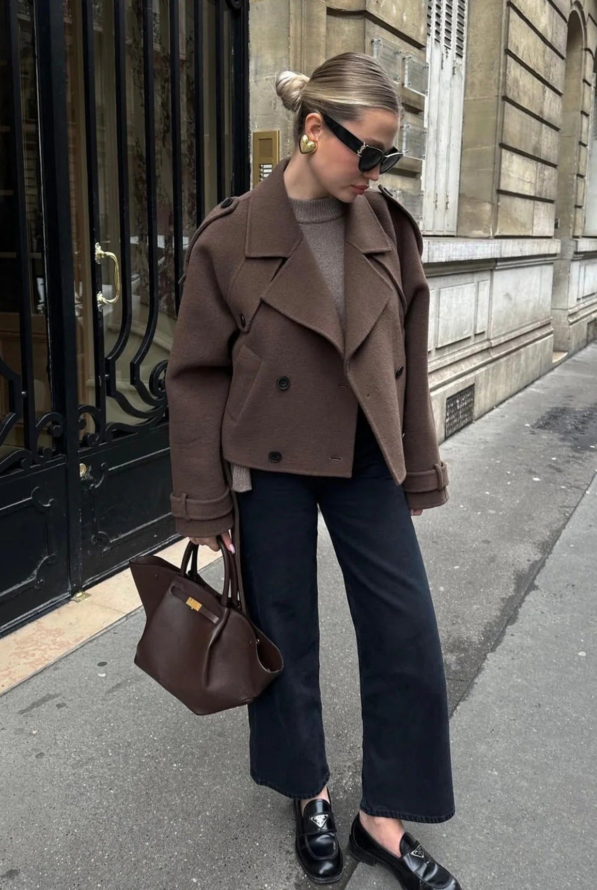 Women's brown cropped double-breasted jacket with lapels and long waist ties
