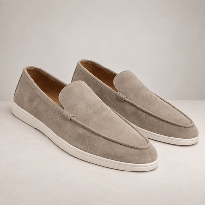 Men's slip-on moc toe loafers with stitched trim and light soles