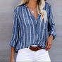 Women's striped V-neck blouse with long sleeves and button front