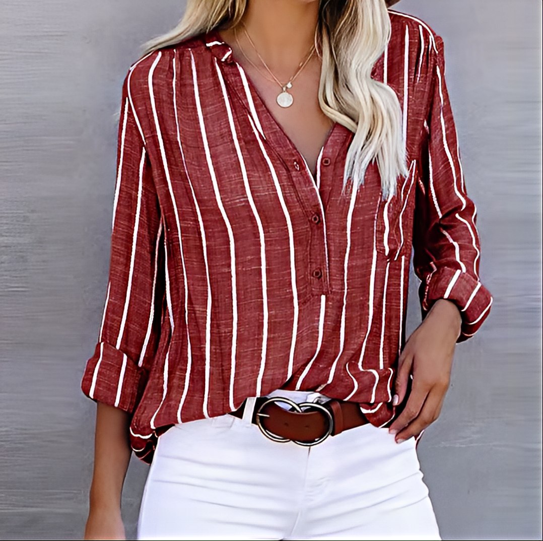 Women's striped V-neck blouse with long sleeves and button front