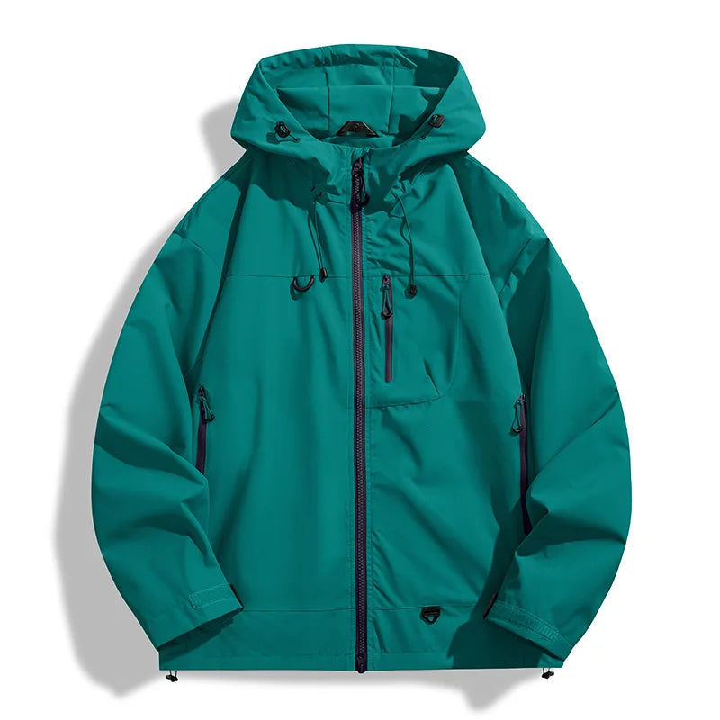Men's hooded full-zip rain jacket with long sleeves and zipped pockets