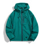 Men's hooded full-zip rain jacket with long sleeves and zipped pockets