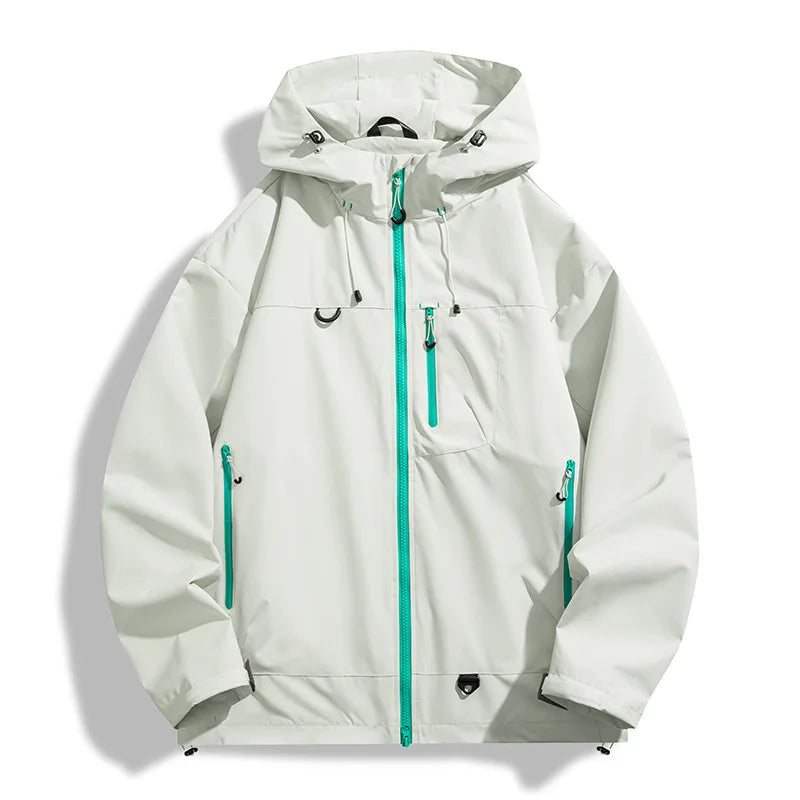 Men's hooded full-zip rain jacket with long sleeves and zipped pockets
