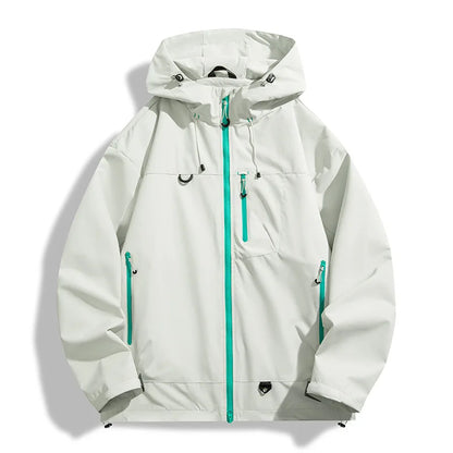 Men's hooded full-zip rain jacket with long sleeves and zipped pockets