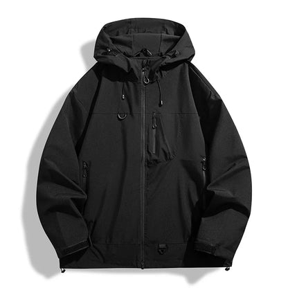 Men's hooded full-zip rain jacket with long sleeves and zipped pockets