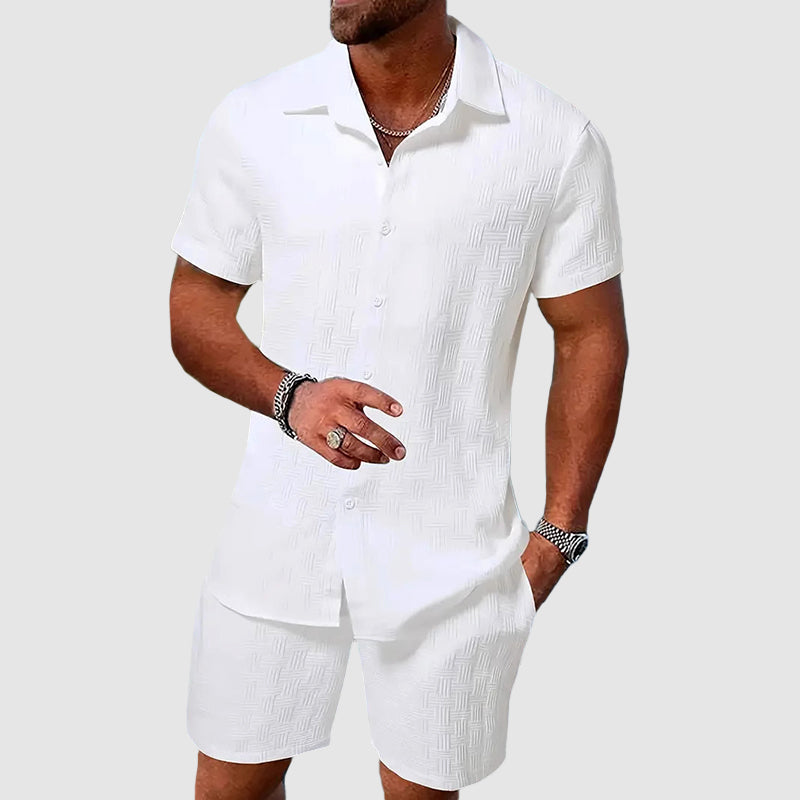 Men's two-piece jacquard set with short sleeve collared shirt and matching shorts