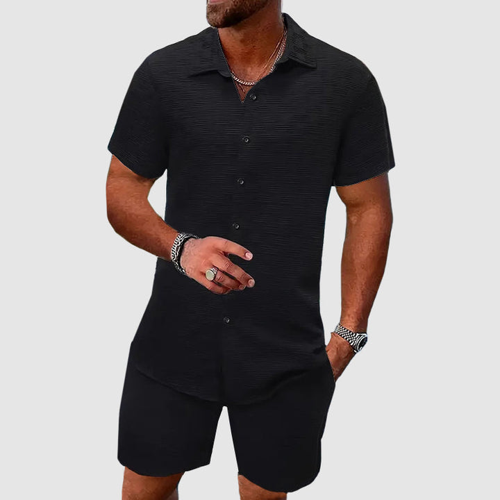 Men's two-piece jacquard set with short sleeve collared shirt and matching shorts