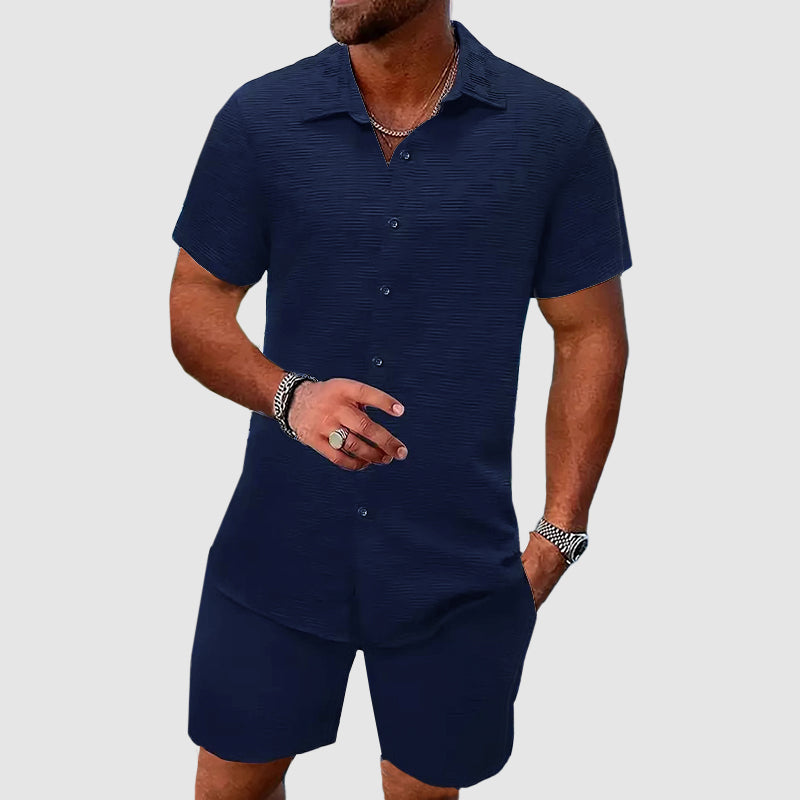 Men's two-piece jacquard set with short sleeve collared shirt and matching shorts