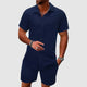 Men's two-piece jacquard set with short sleeve collared shirt and matching shorts