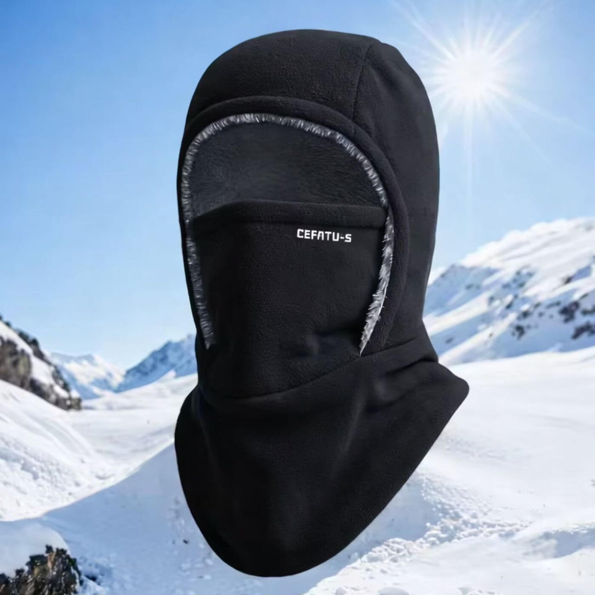 Full-coverage balaclava hood with face covering and extended neck panel