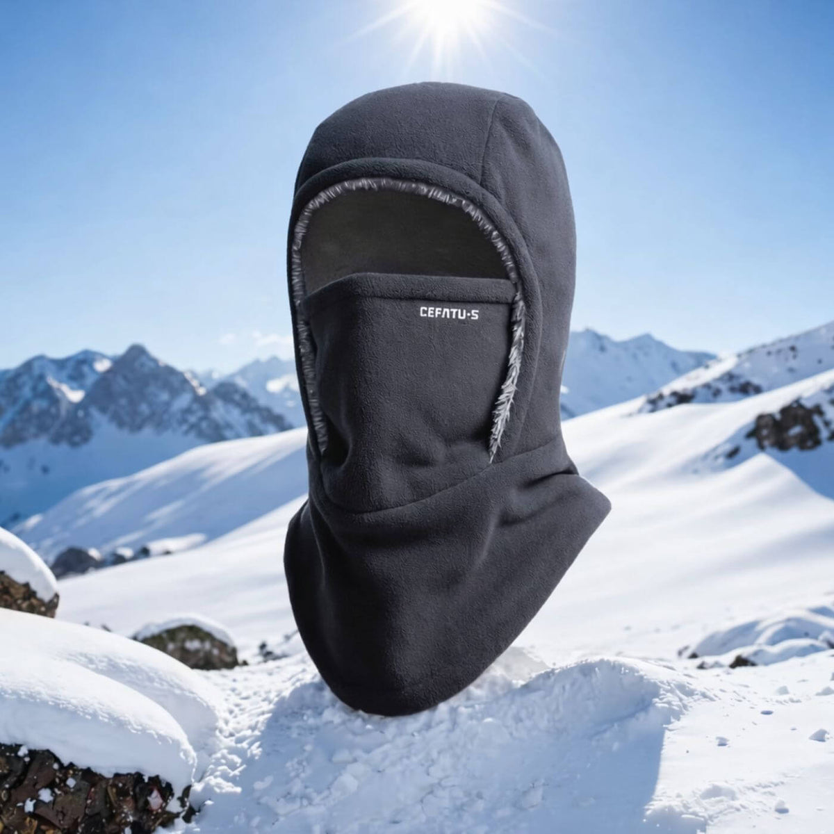 Full-coverage balaclava hood with face covering and extended neck panel