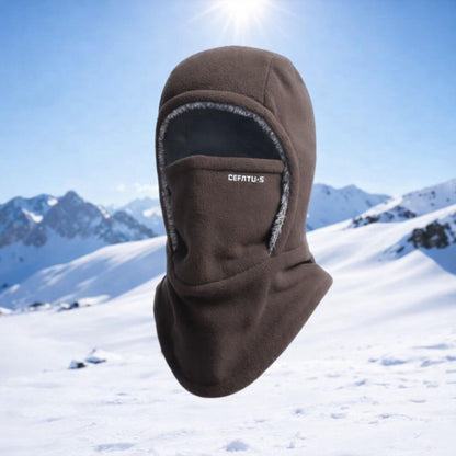 Full-coverage balaclava hood with face covering and extended neck panel