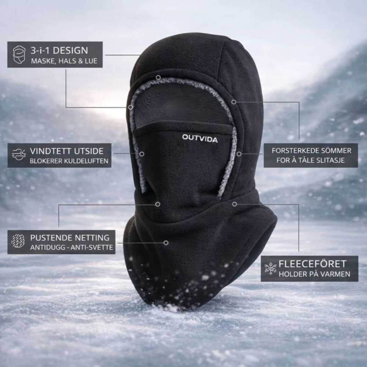 Full-coverage balaclava hood with face covering and extended neck panel