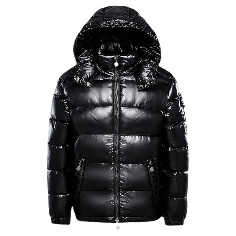 Men's glossy quilted puffer jacket with hood, long sleeves and zip pockets