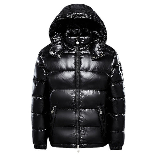Men's glossy quilted puffer jacket with hood, long sleeves and zip pockets