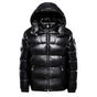 Men's glossy quilted puffer jacket with hood, long sleeves and zip pockets
