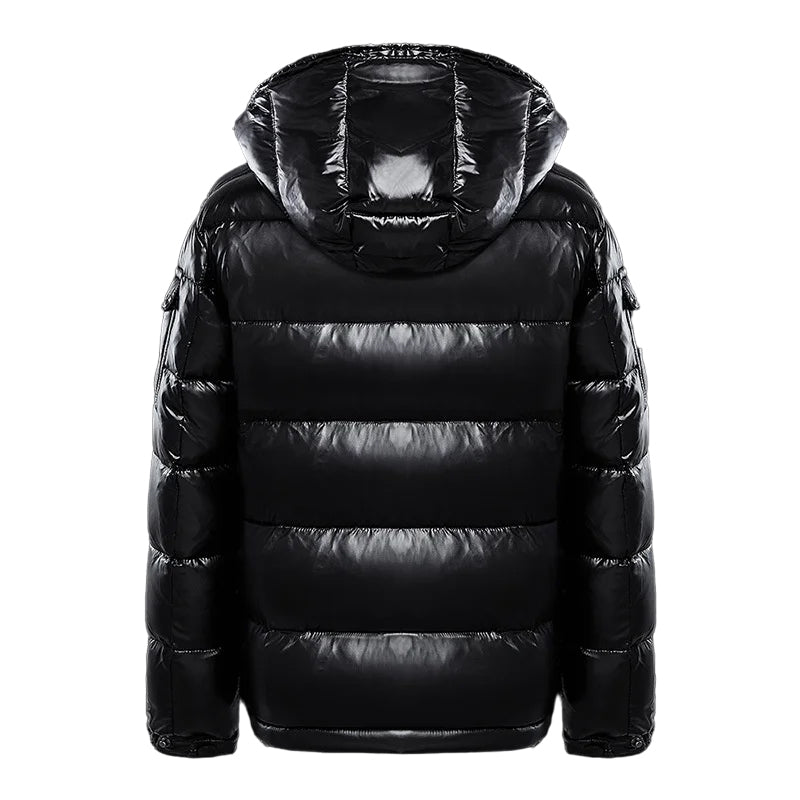 Men's glossy quilted puffer jacket with hood, long sleeves and zip pockets