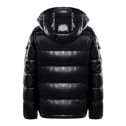 Men's glossy quilted puffer jacket with hood, long sleeves and zip pockets