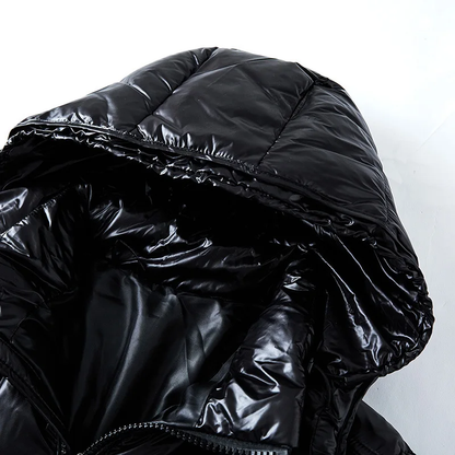 Men's glossy quilted puffer jacket with hood, long sleeves and zip pockets