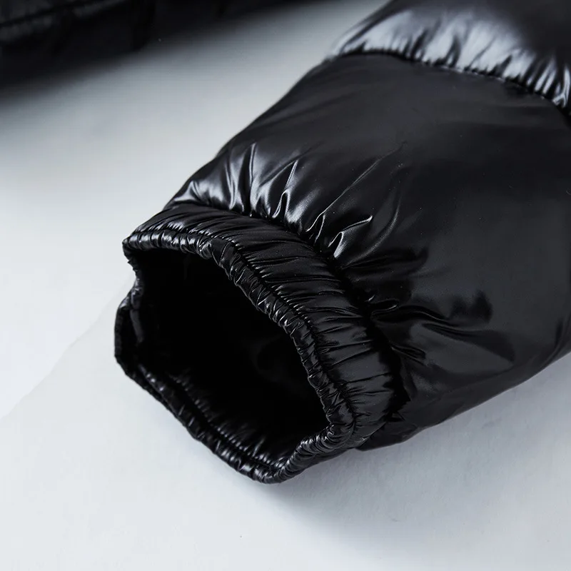 Men's glossy quilted puffer jacket with hood, long sleeves and zip pockets