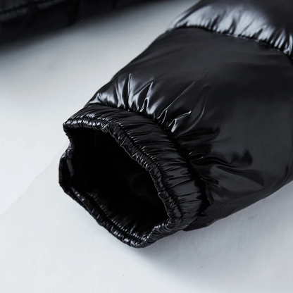 Men's glossy quilted puffer jacket with hood, long sleeves and zip pockets