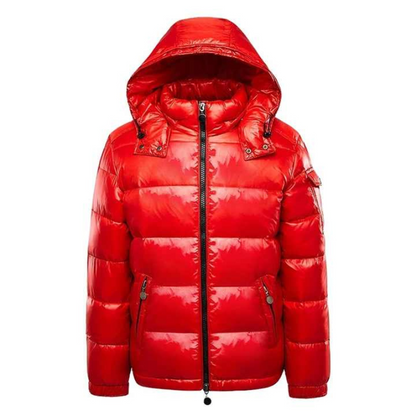 Men's glossy quilted puffer jacket with hood, long sleeves and zip pockets