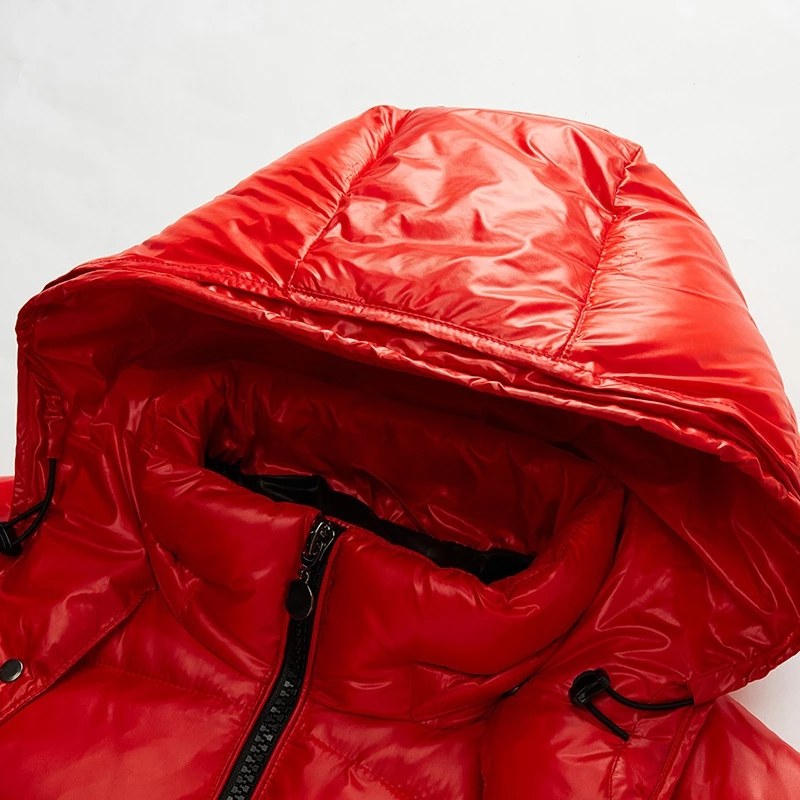 Men's glossy quilted puffer jacket with hood, long sleeves and zip pockets