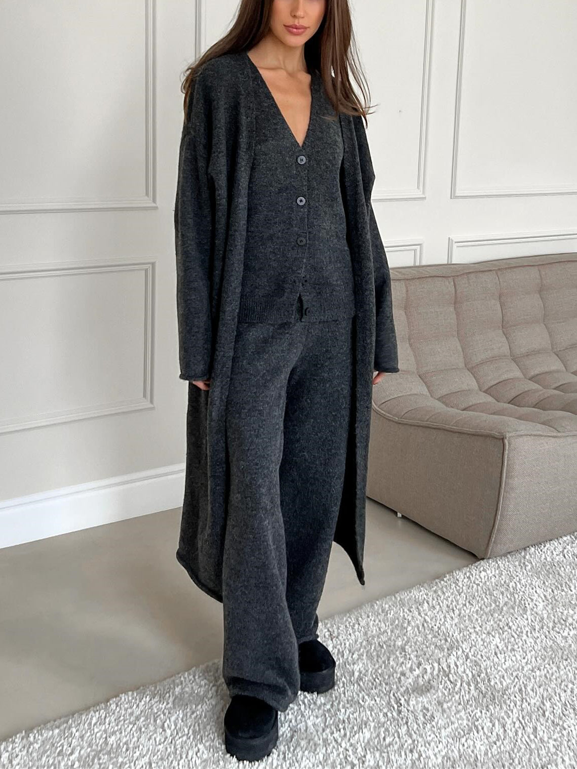 Women's three-piece knit set with long cardigan, sleeveless top and wide-leg trousers
