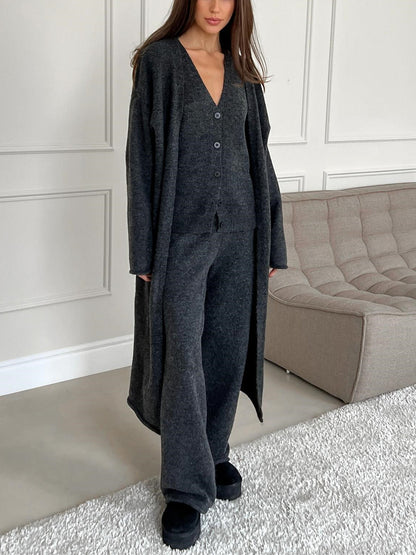 Women's three-piece knit set with long cardigan, sleeveless top and wide-leg trousers